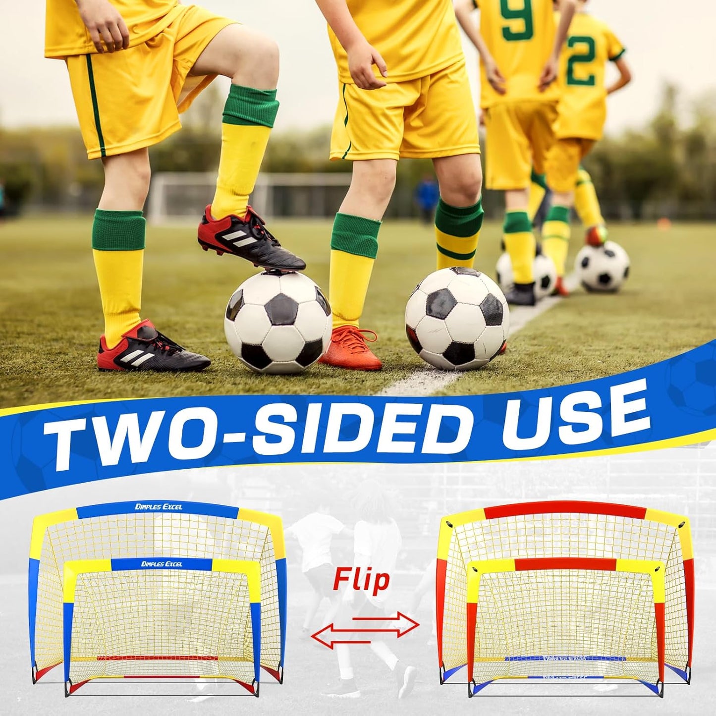 Dimples Excel Soccer Goals Kids Soccer Net for Backyard 7x5 FT, 5x3.6 FT, 4x3 FT, 3x2.2 FT