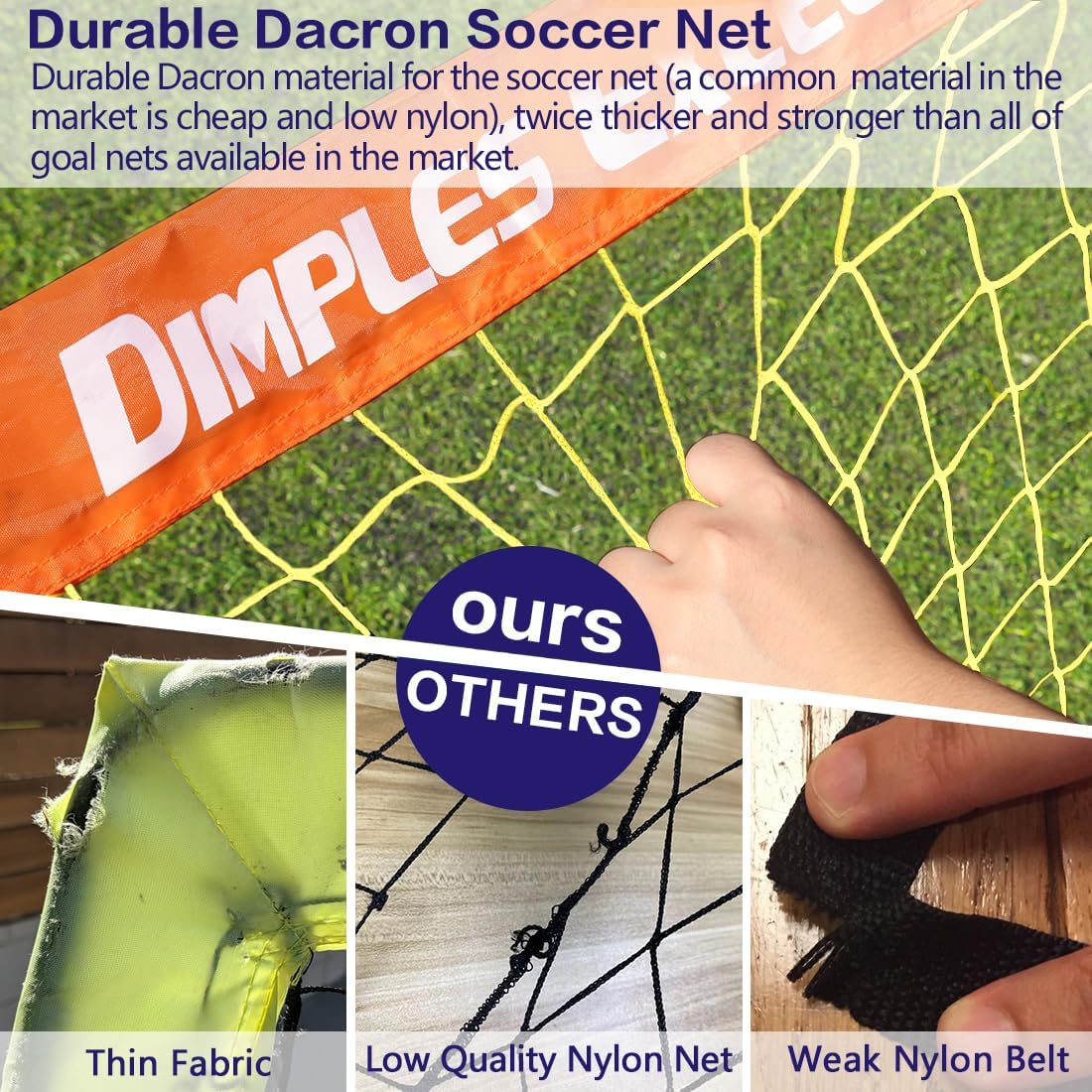 Dimples Excel Soccer Goals Kids Soccer Net for Backyard 2 Set,7x5 FT, 5x3.6 FT, 4x3 FT, 3x2.2 FT