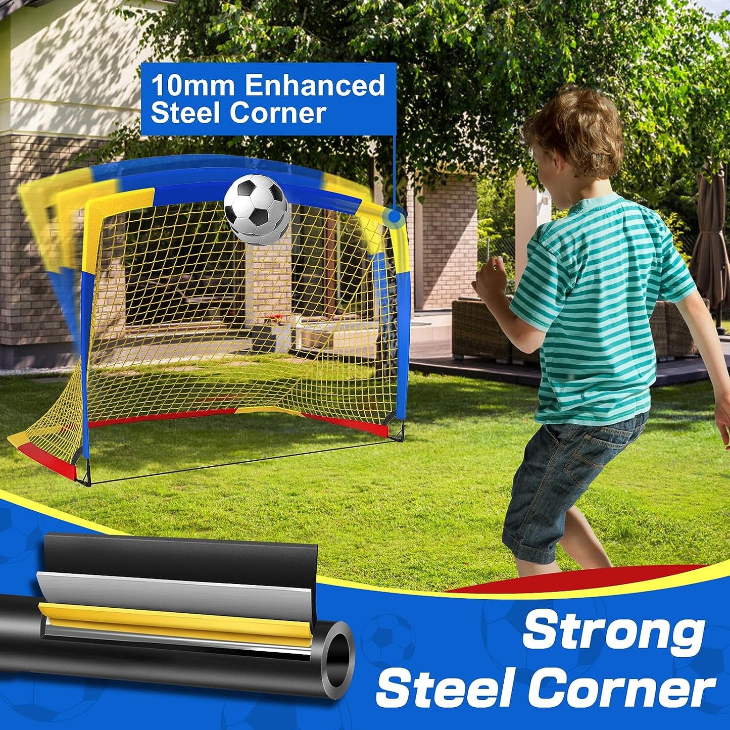 Dimples Excel Soccer Goal Soccer Net for Kids Backyard, 2 Set (4' x 3', Blue+Yellow)